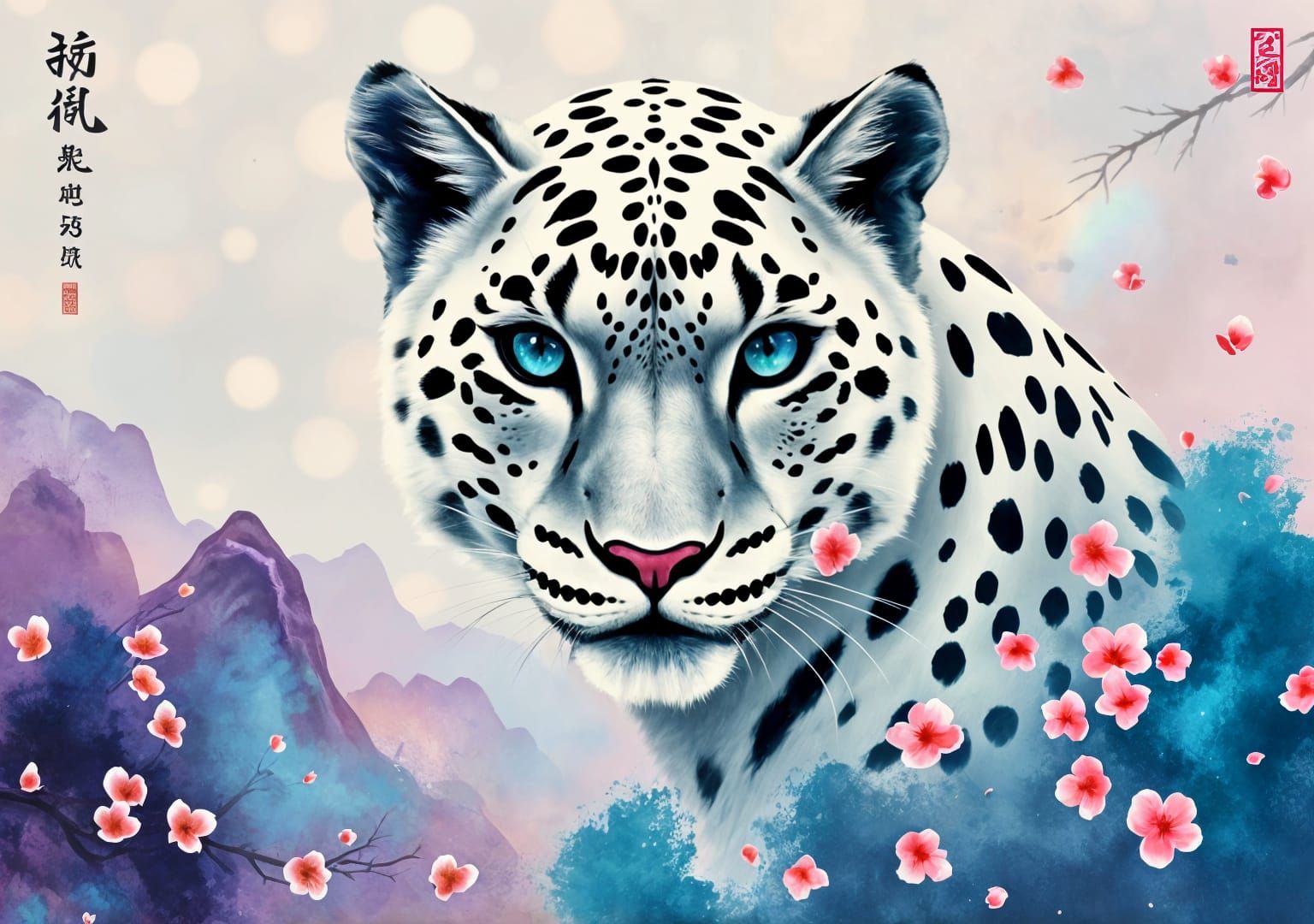 Snow Leopard splatter art with Sakura framing