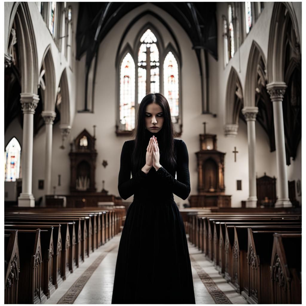 Gothic Girl Praying in Church