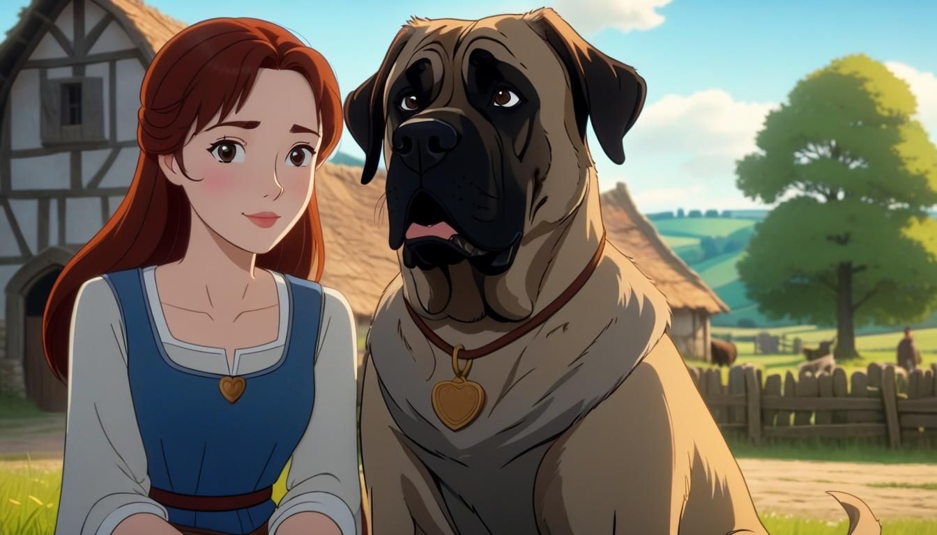 Auburn Woman and Mastiff in Animated Farm Still