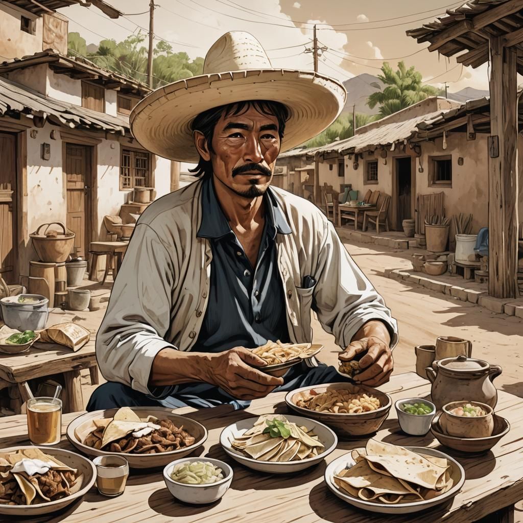 Mexican Village Scene with Man Eating Tacos, Anime Style
