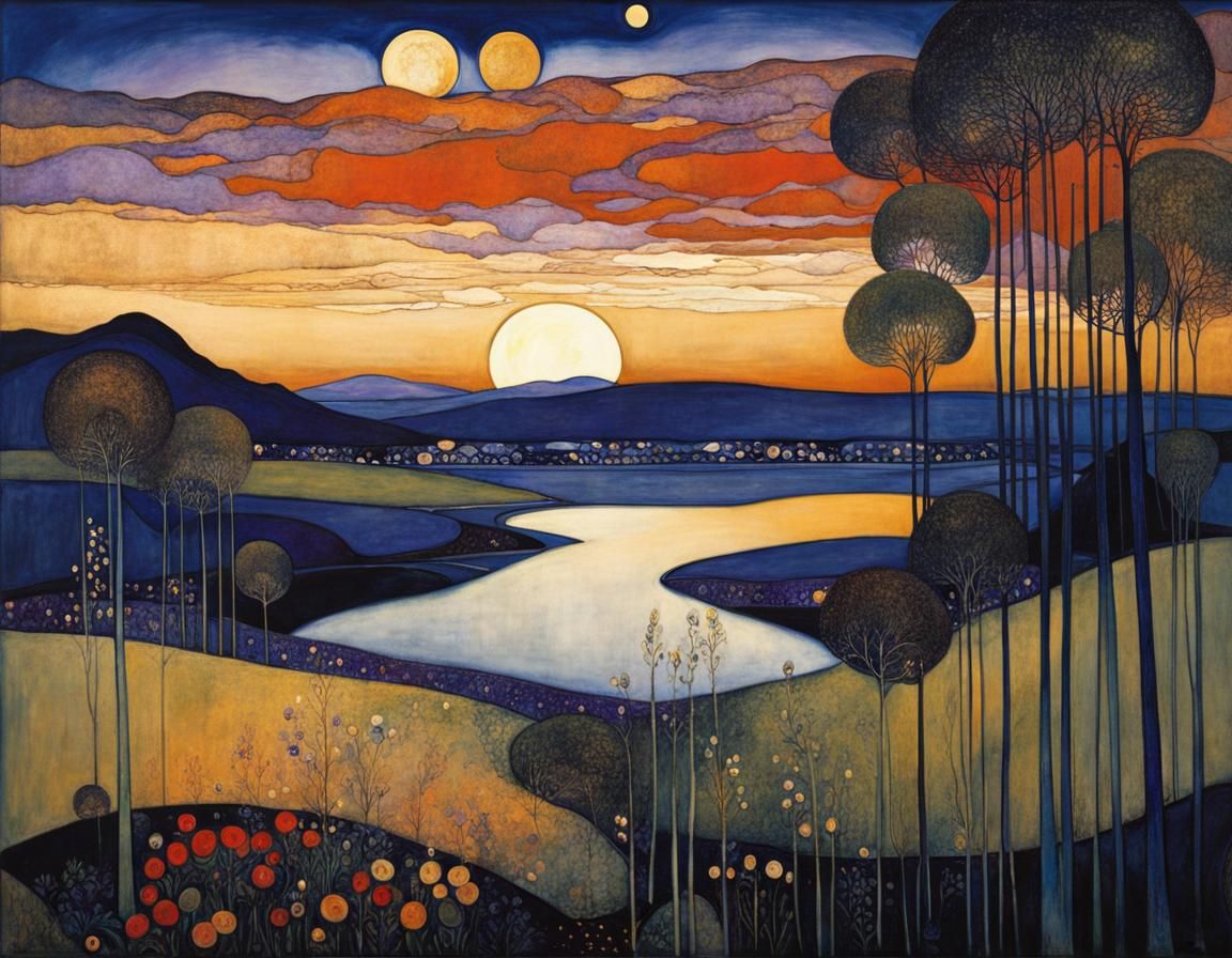 Surreal Nocturnal Landscape in Deep Blues and Violets