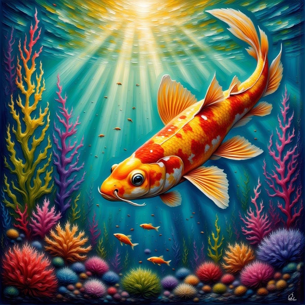 Golden Koi Fish in Underwater Seascape, Impasto Oil Painting
