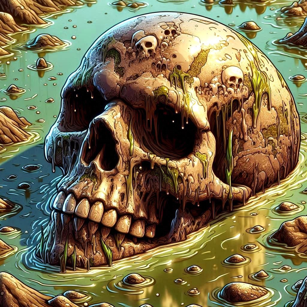 Crystal Skull Glimmering in a Muddy Swamp Cartoon