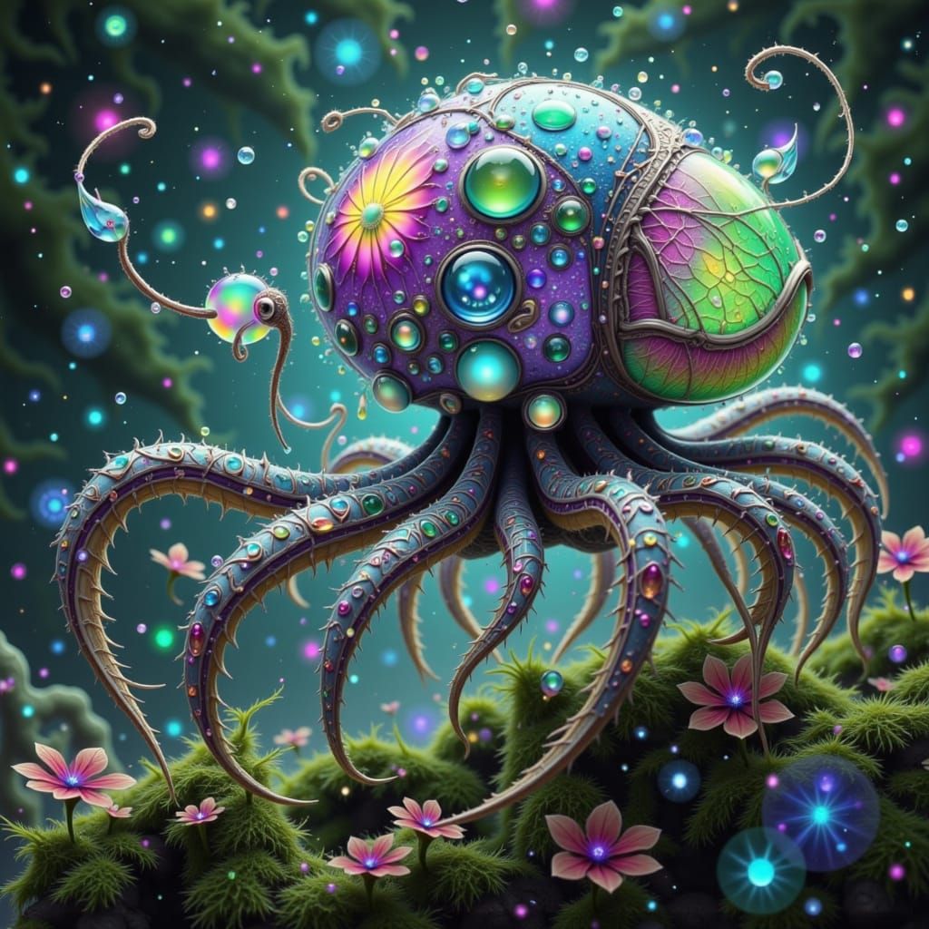 Mythical Octo-Spider in Iridescent Blues and Purples