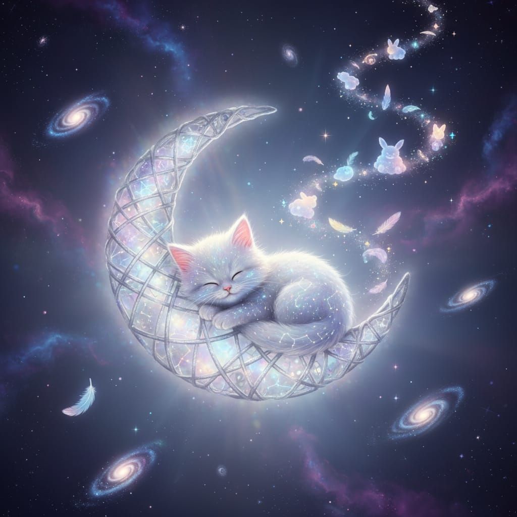 Celestial Kitten Sleeps on Moonlit Crescent