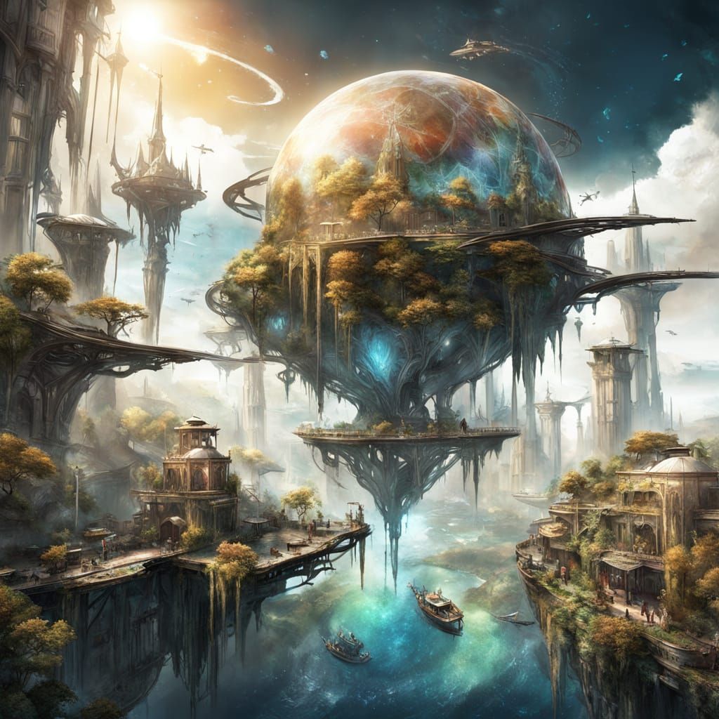 Surreal Solarpunk City Drifts Peacefully Among Golden Clouds