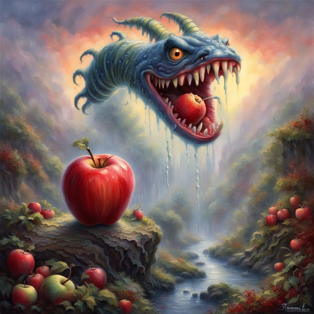 Monster Worm Emerges from Dripping Apple