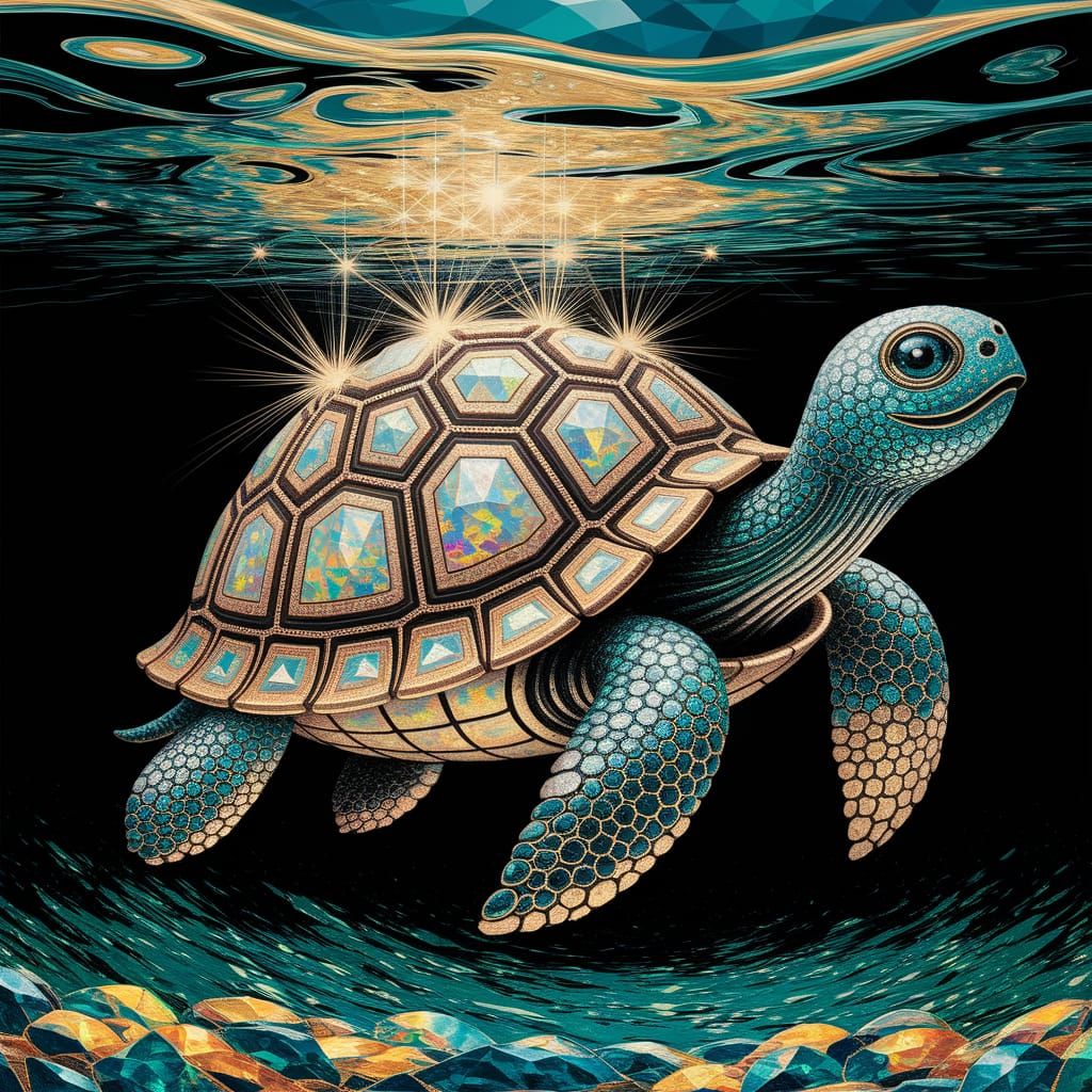 Clockwork Turtle Swimming in Dark Waters as Pointillist Art