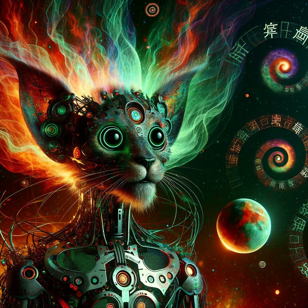 Cybernetic Leonine Entity Ascends with Planet