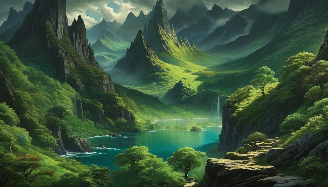 Elven Mountains in a Heavenly Realm, Oil Painting