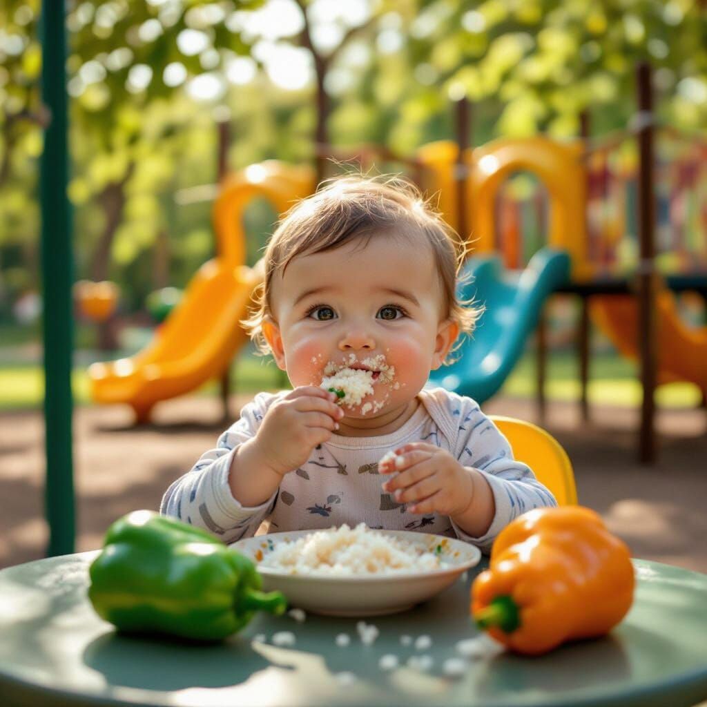 Chubby Baby Boy Enjoys Rice and Peppers