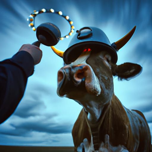 Cosmic Cattle Attacked by Cowboy Robot Portrait