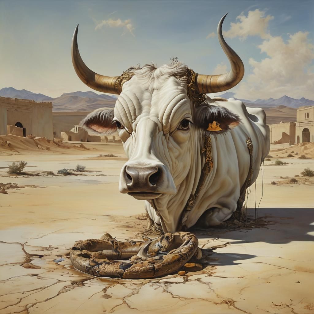 Surreal Mooing Cow Head in Deserted Plaza: Dali Style