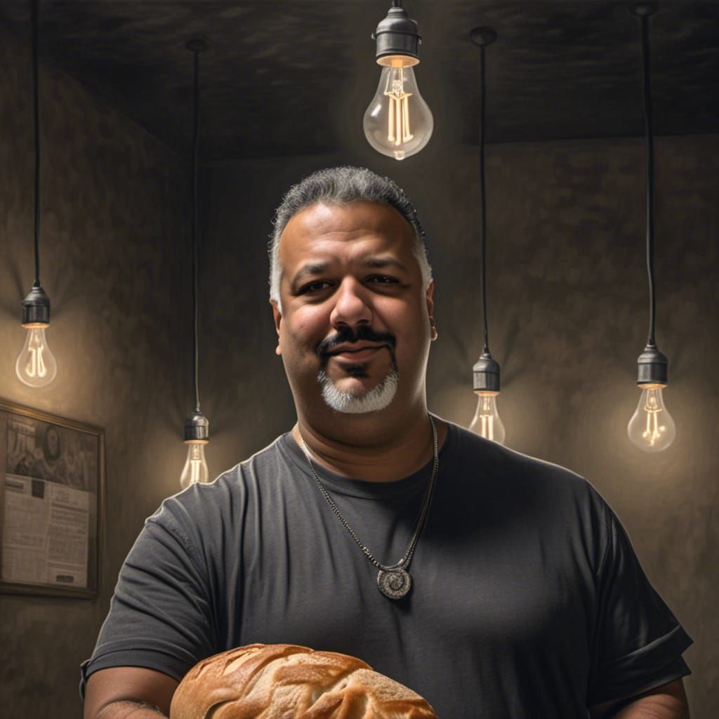 Photorealistic Man in Dark Room with Bread