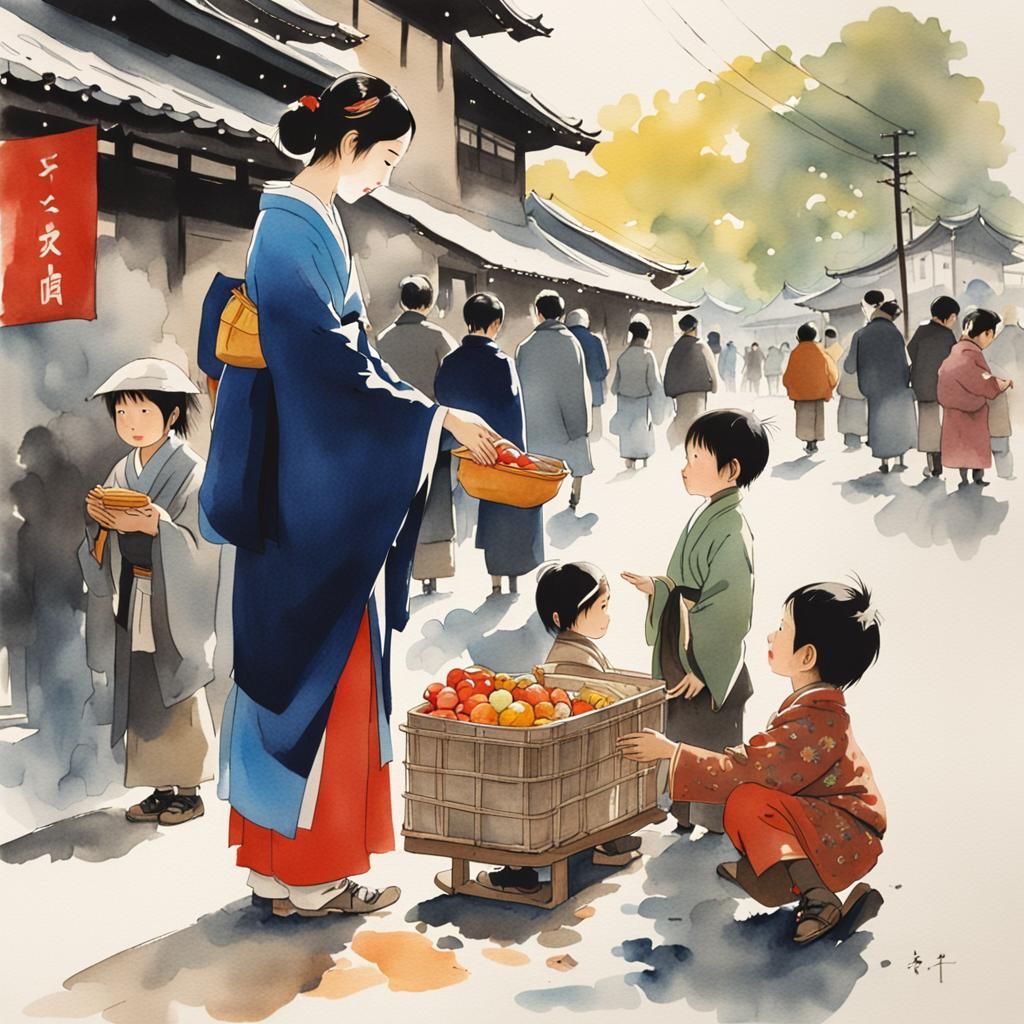 Japanese Princess Distributes Alms in Watercolor
