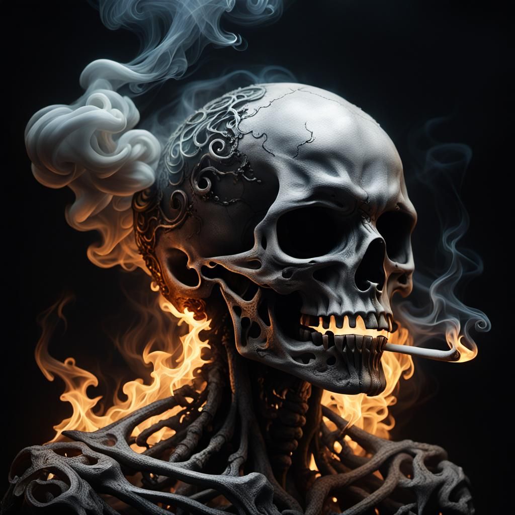 smoke, dead skull, curls, twists, dances, fire coming from the eyes, unmistakable silhouette, dark ghost, eerie transfor...