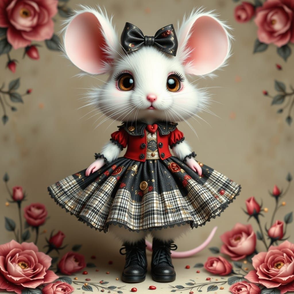 Felt Mouse Doll in Harlequin Costume with Roses