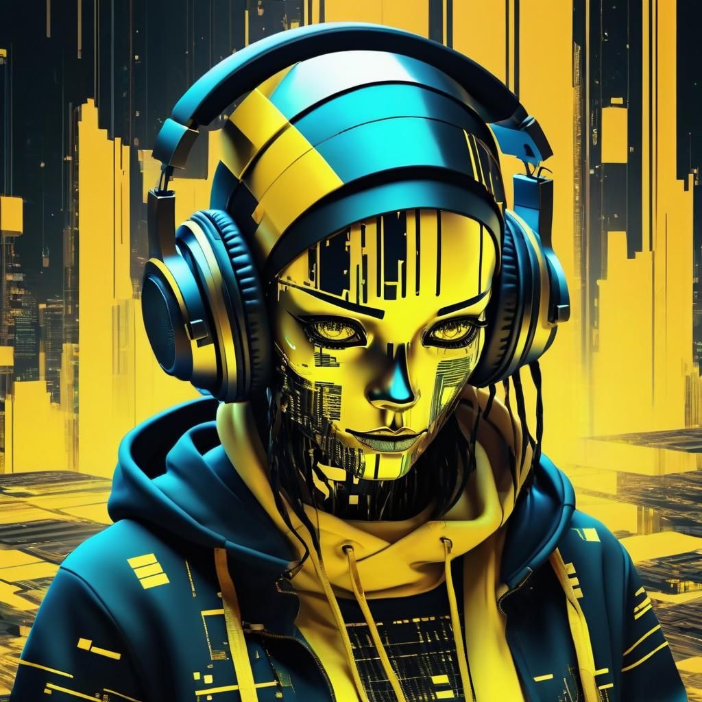 Robot DJ Girl Glitching in Futuristic Cyberpunk Scene