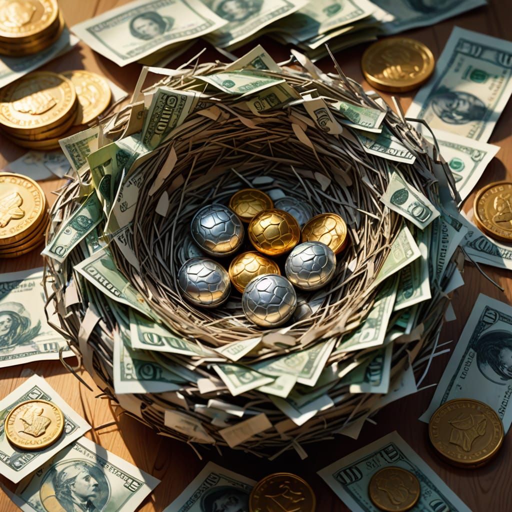 Bird Nest of Banknotes and Coins in Warm Light