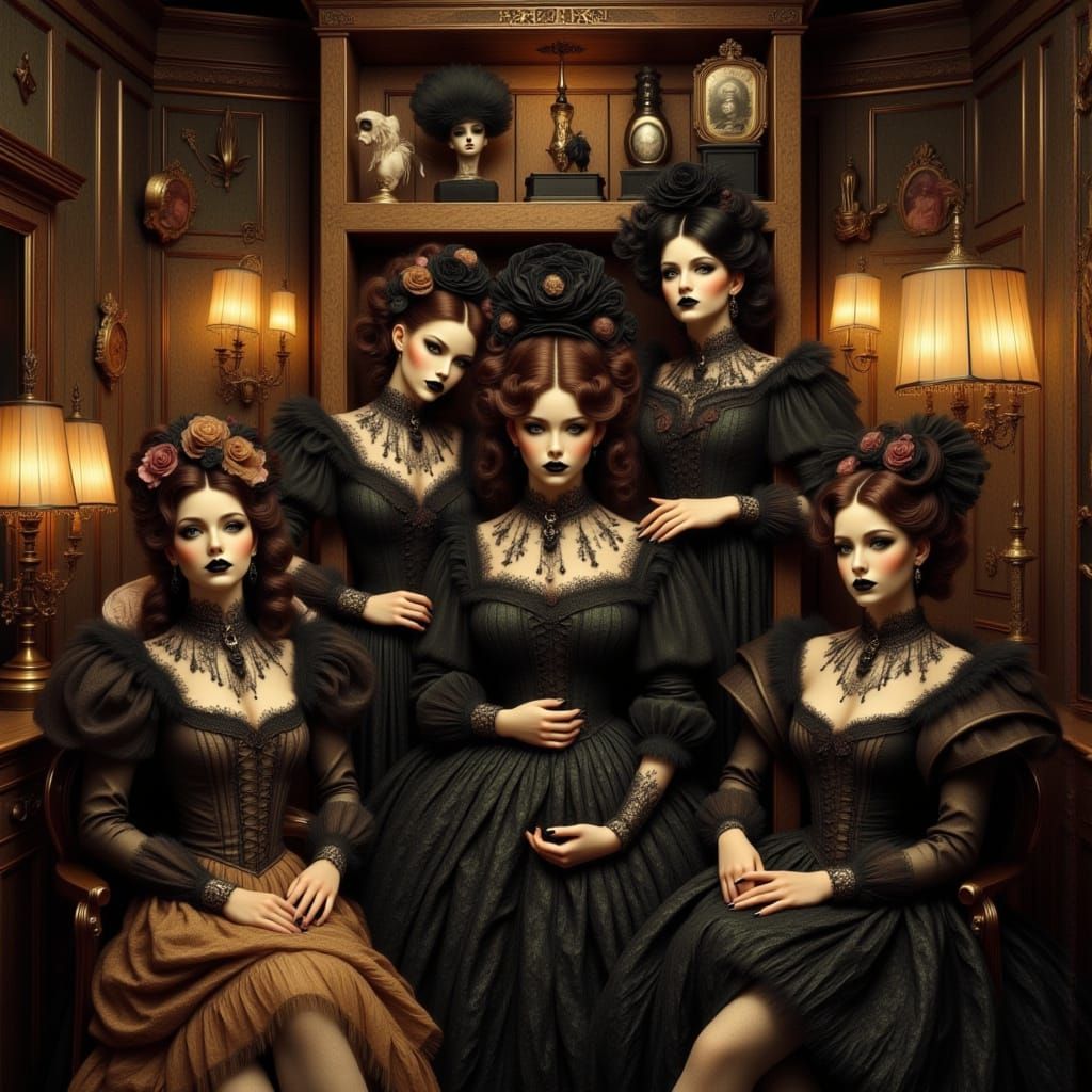 Victorian Dolls in Cabinet: Surreal Theatrical Photo