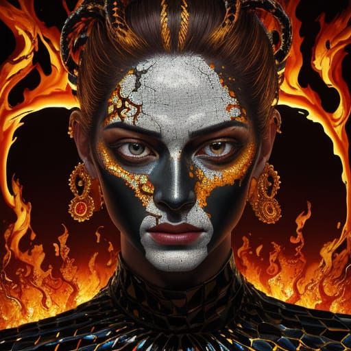 Fiery Clay Mosaic Portrait in Surreal Style