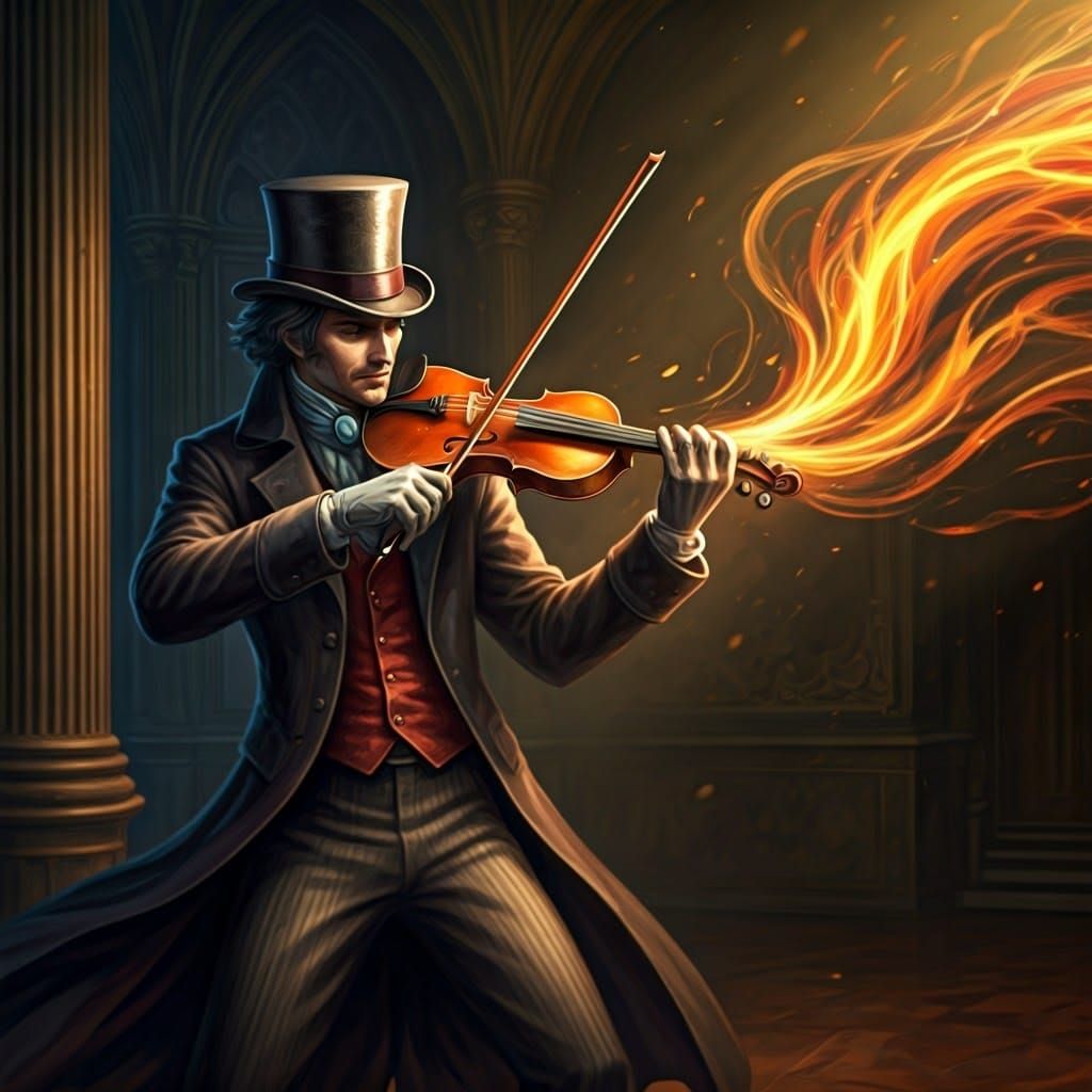 Violinist in Ornate Room with Ethereal Notes