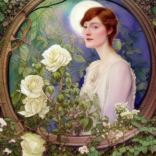 Edwardian Lady in Moonlit Rose Garden