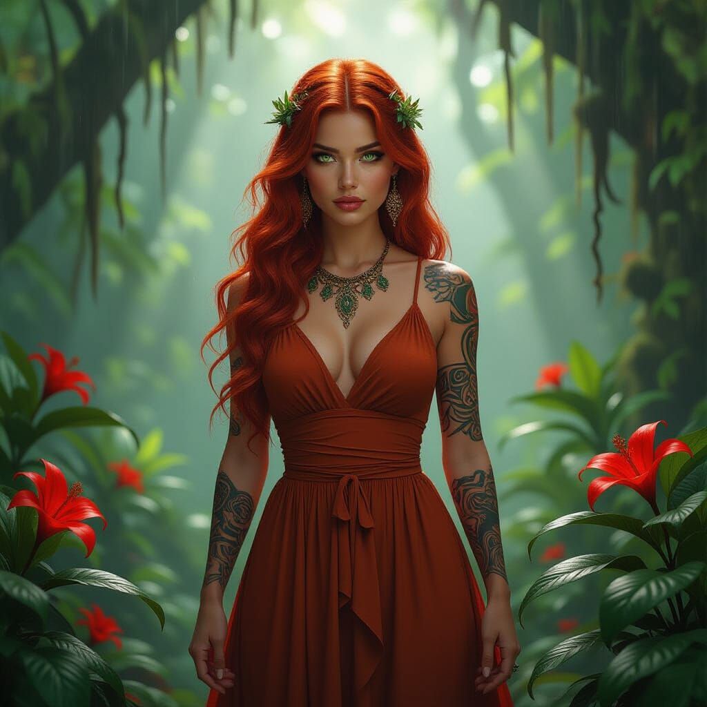 Mysterious Woman with Tribal Tattoos in Rainforest