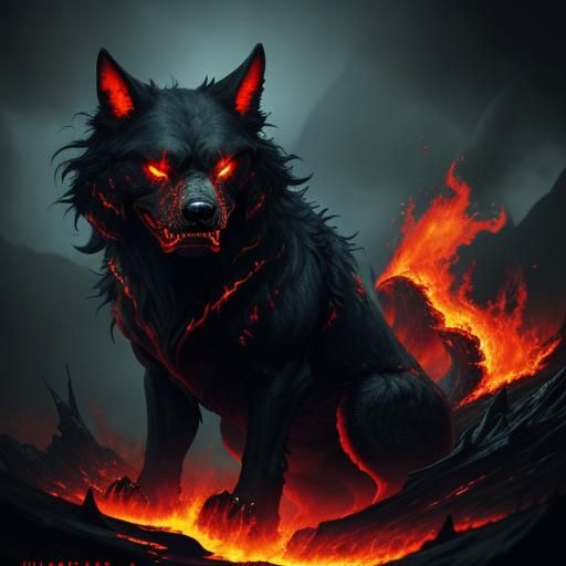 Hellish Hound Bursting Through Flames in Dark Fantasy Style