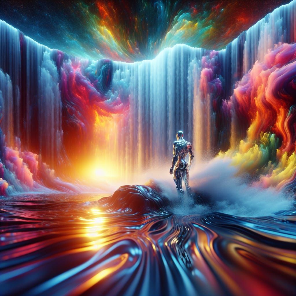 Ethereal Robotic Figure by Waterfall in 3D Rendering