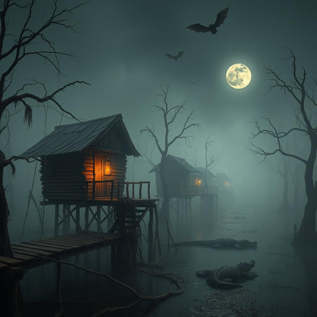 Misty Swamp Village at Dusk: A Surreal Scene