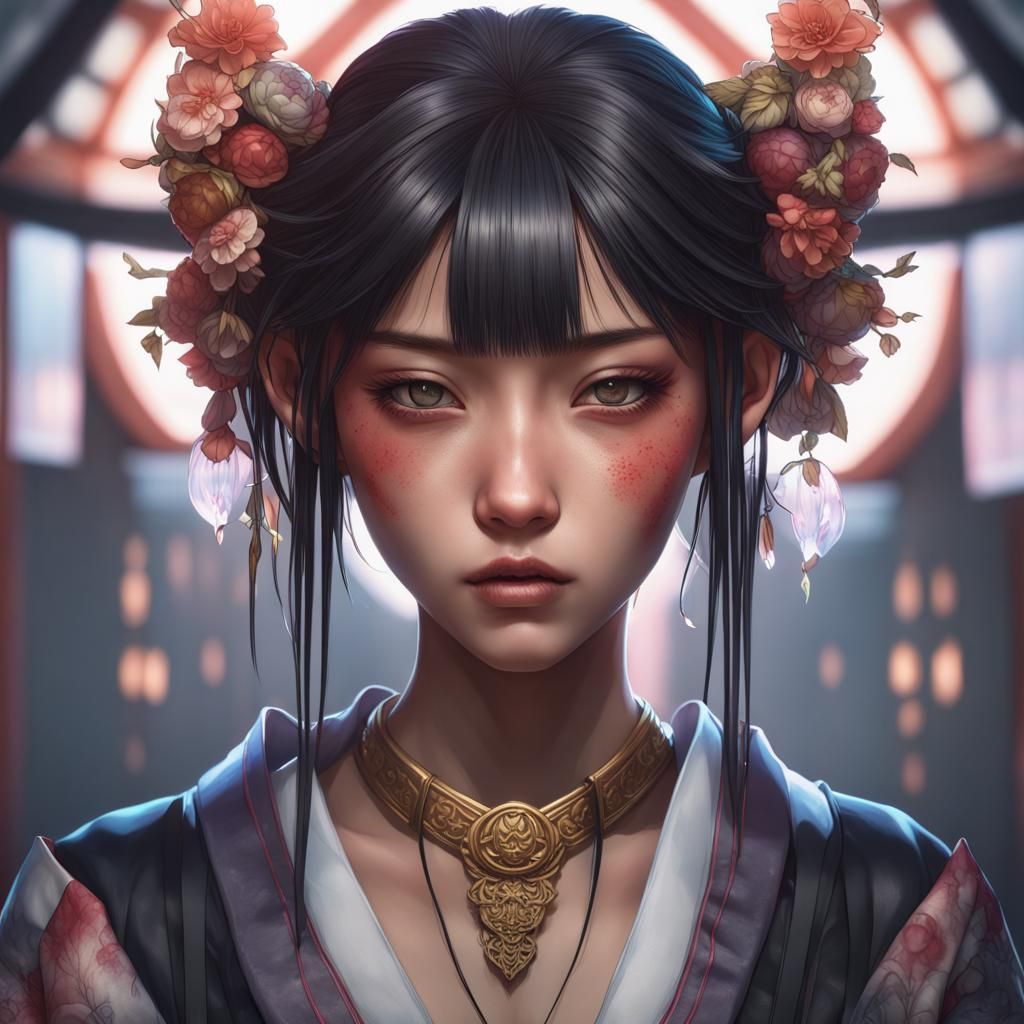 Gothic Japanese Girl Portrait in Art Nouveau Style