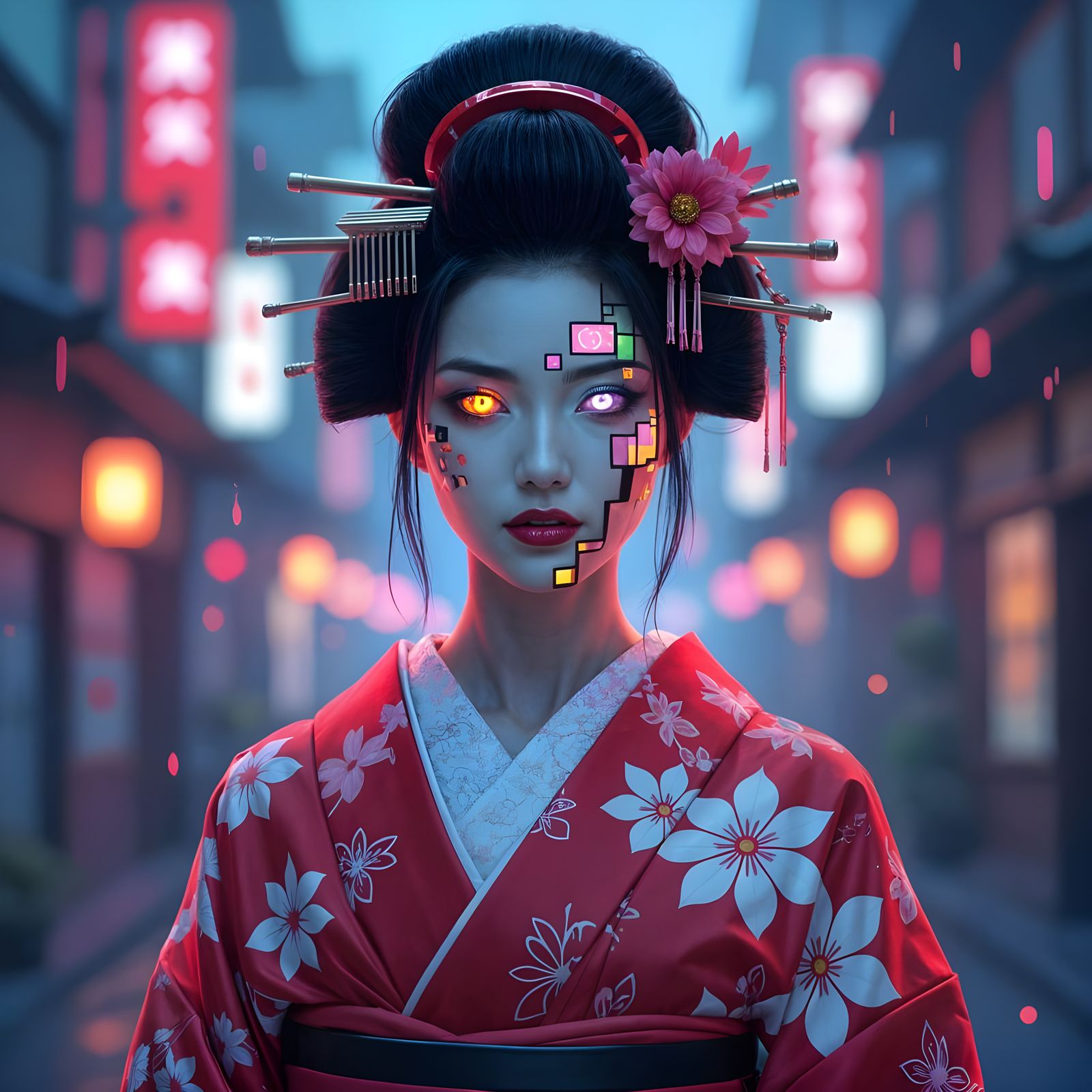 Hexen Portrait in Cyberpunk Style with Glitch Effects