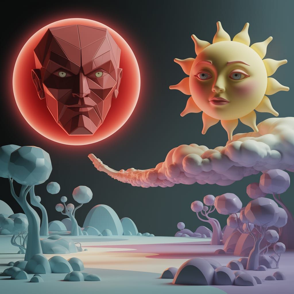 Surreal Nightscape with Geometric Moon and Pastel Sun