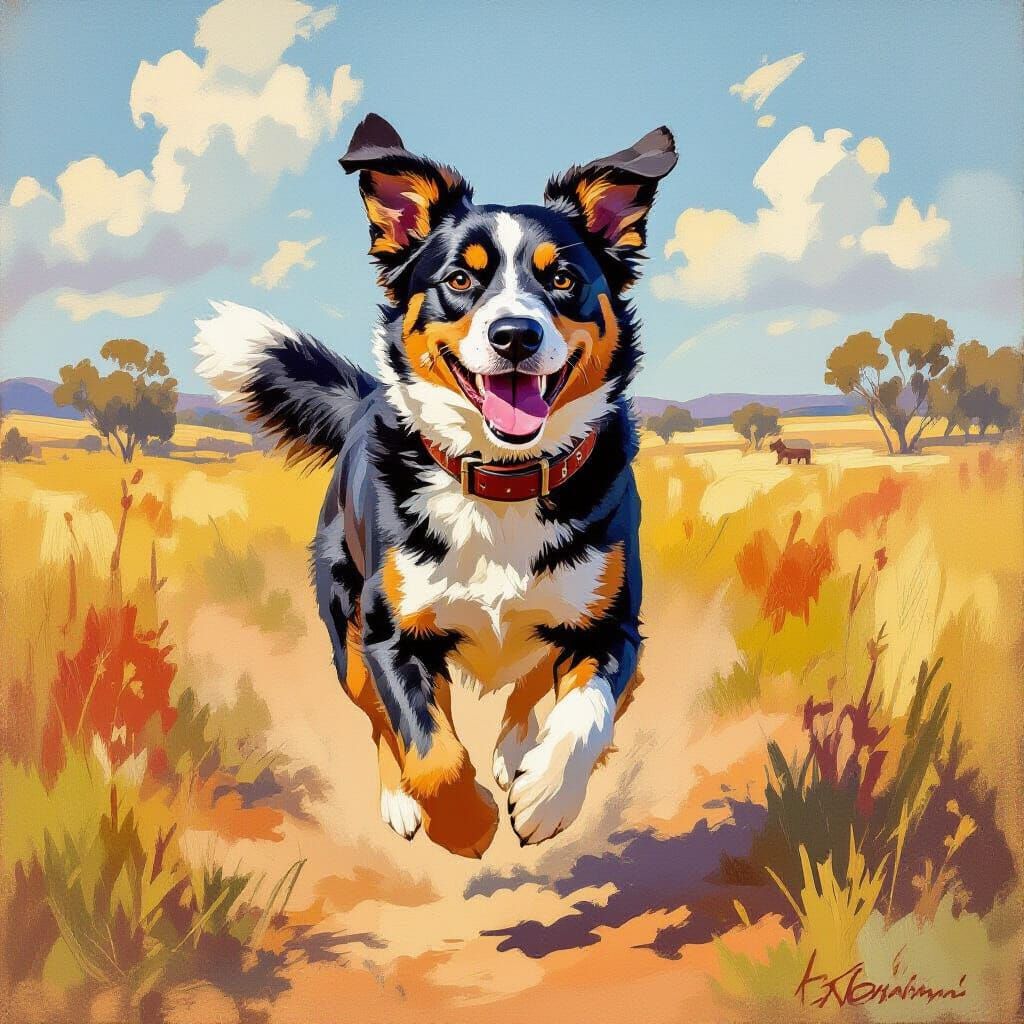Red Heeler in Outback, Impressionist Style
