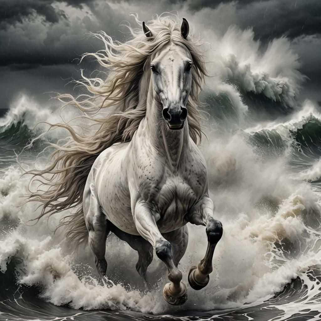White Horse Swimming in Stormy Sea: Charcoal Drawing