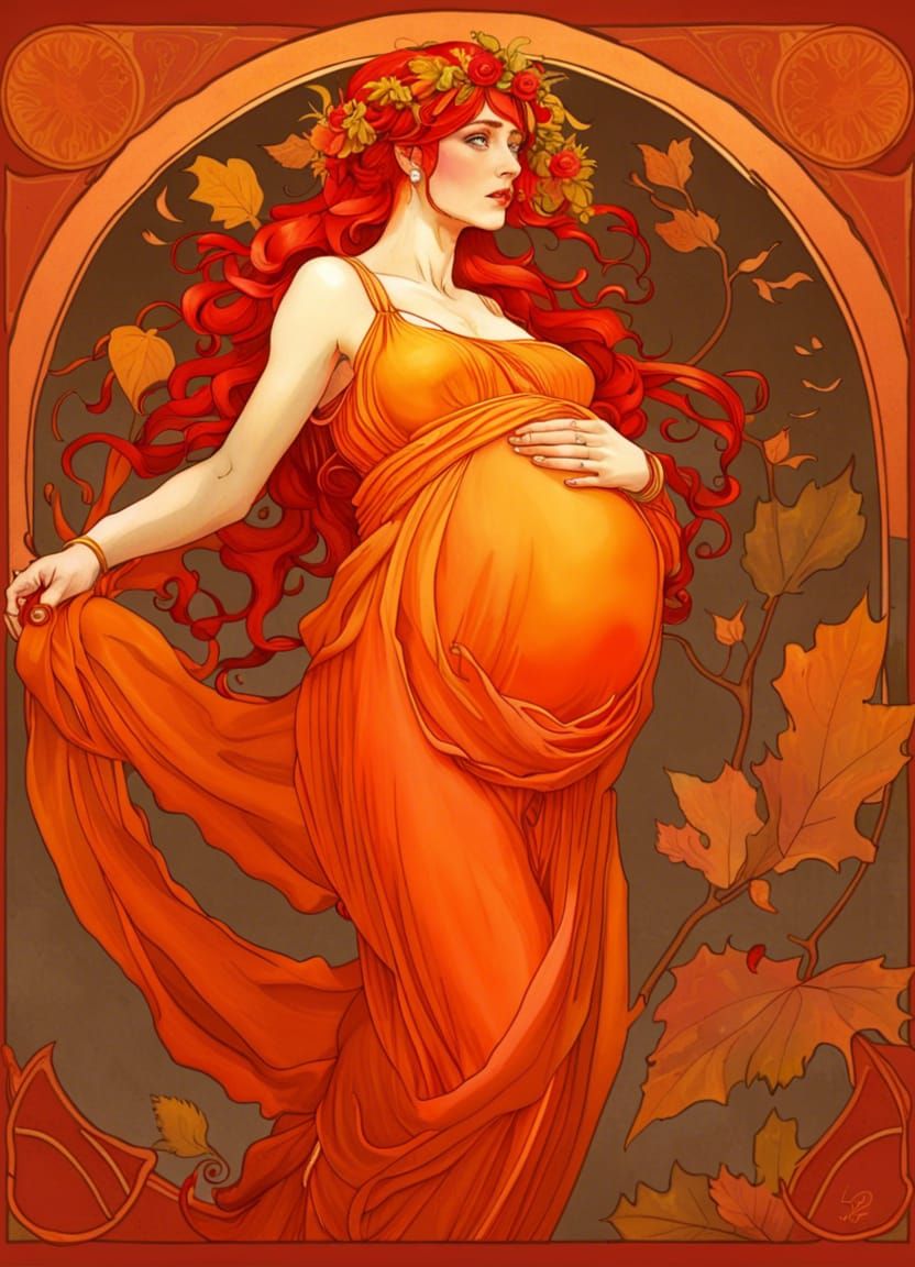 Pregnant Autumn Goddess in Art Nouveau Style