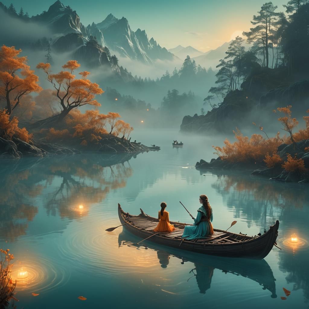 Enchanted Maiden on Raft in Ethereal Lake Mist