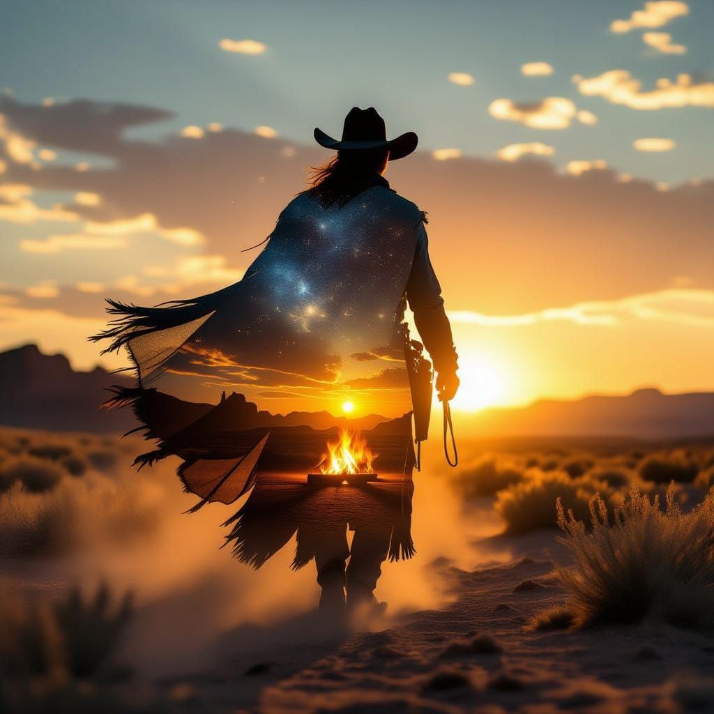 Cowboy Silhouette in Sunset Double Exposure with Desert Star...
