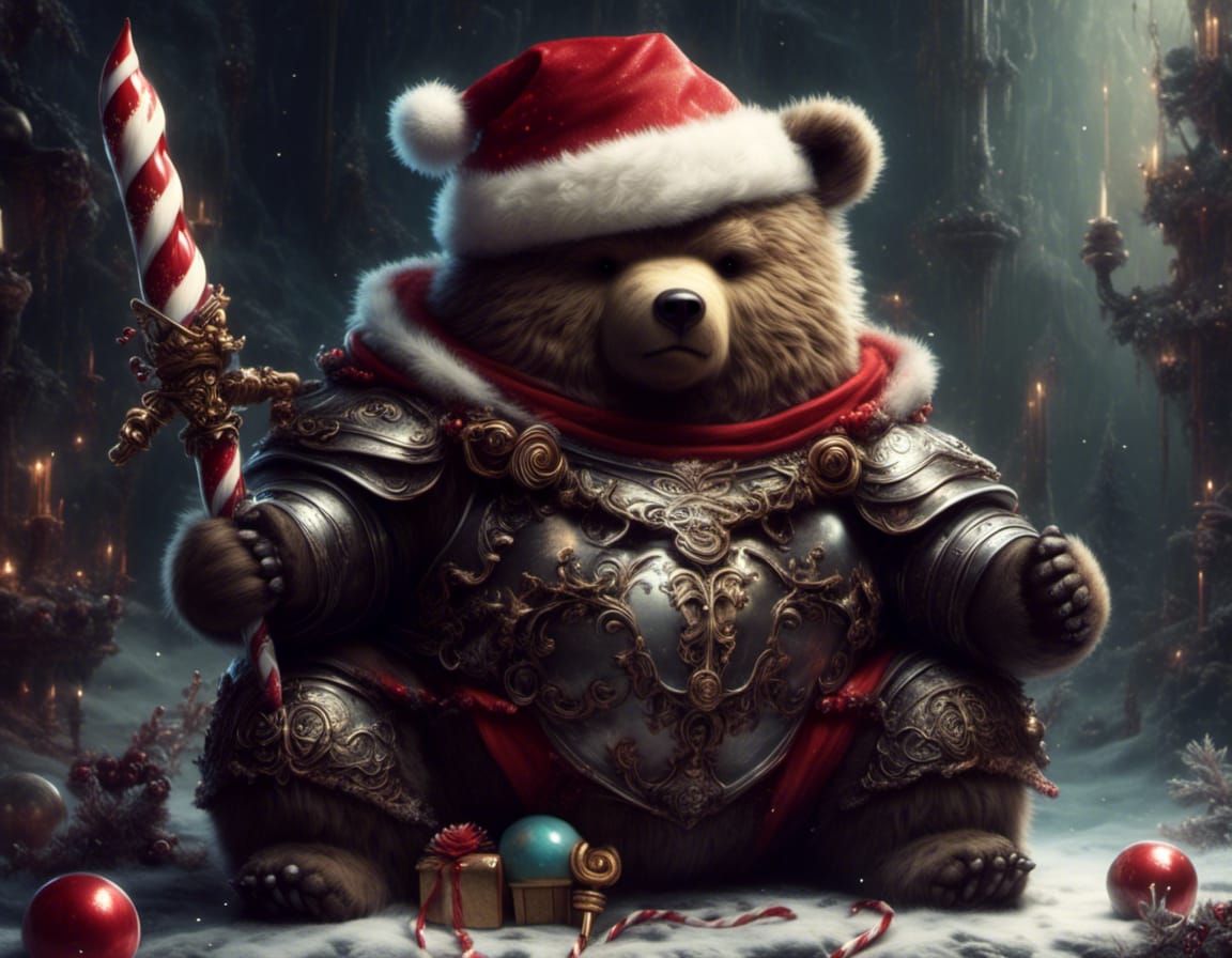 Festive Bear Cub Knight in Christmas Armor