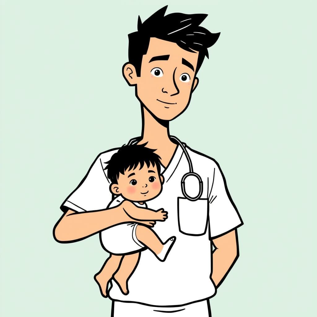 Male Nurse and Child in Neo-Expressionist Cartoon Style