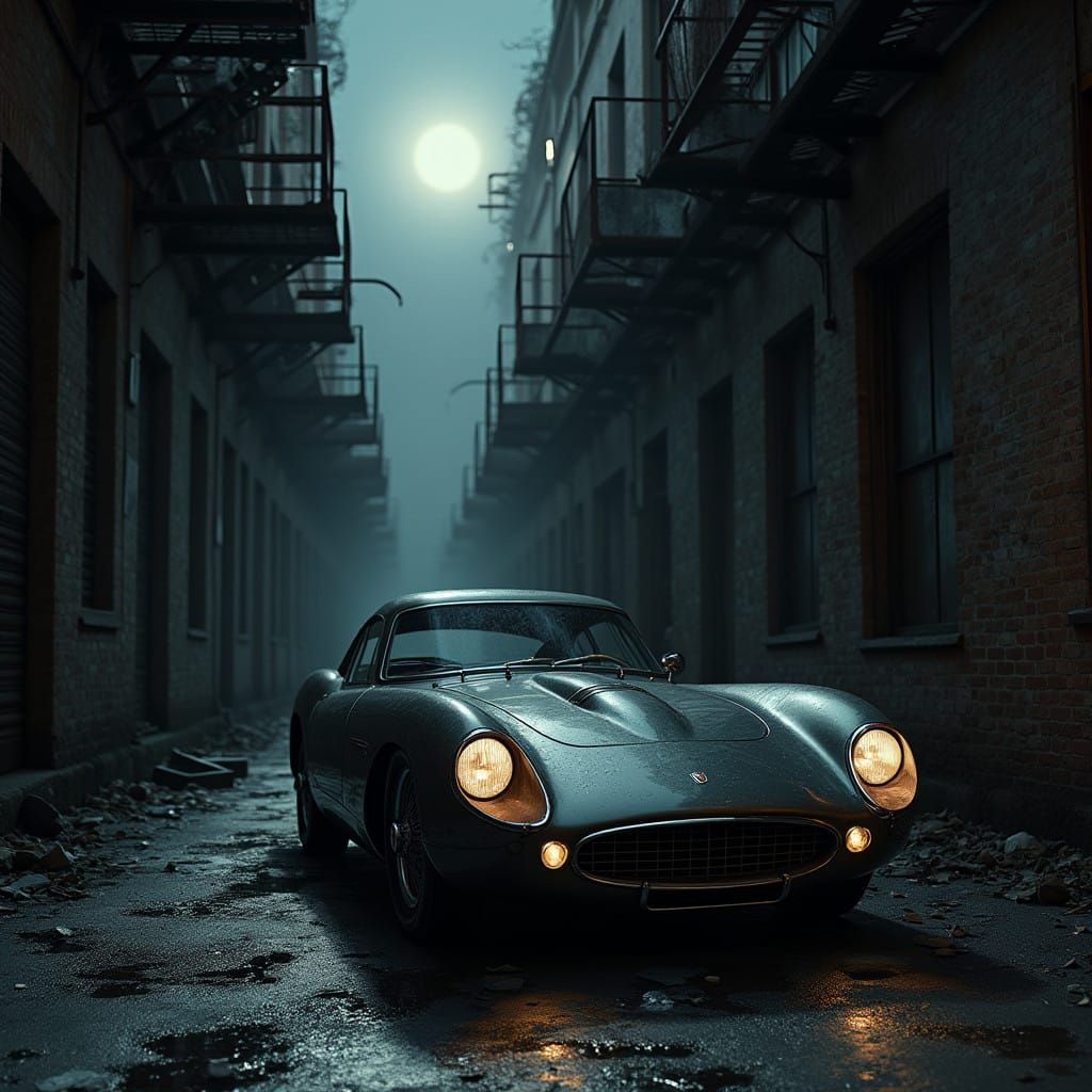 Luxury Sports Car in a Gritty, Abandoned Alleyway