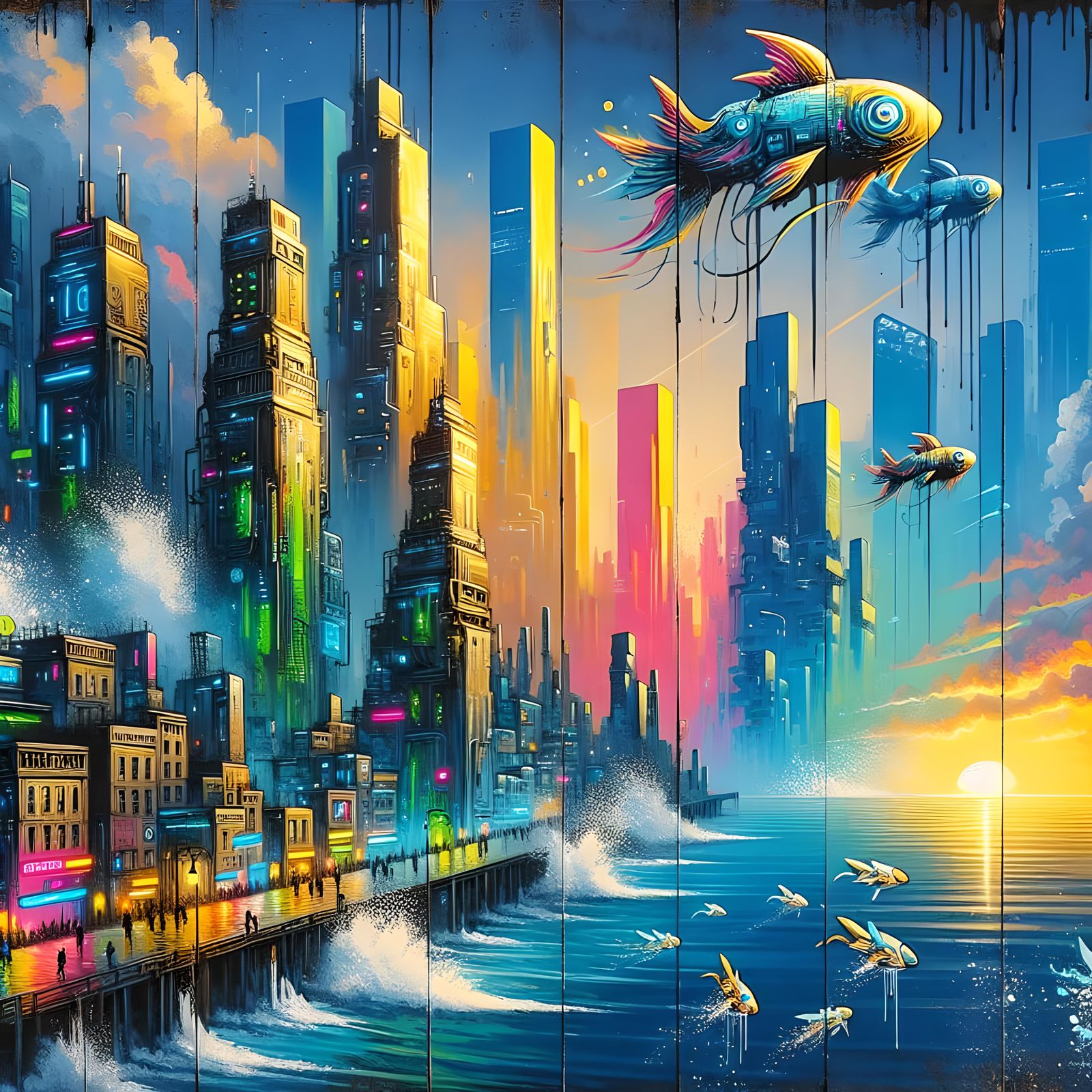 Cyberpunk Atlantis: Neon Cityscape at Sunset