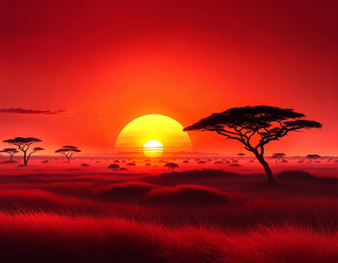 Red Sunset Over Congo Steppe in Lofi Anime Style