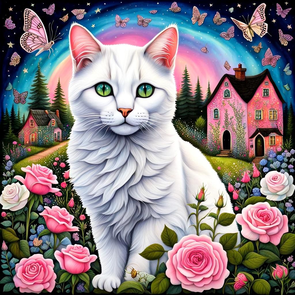 Enchanting Naive Art Cat with Butterflies and Flowers