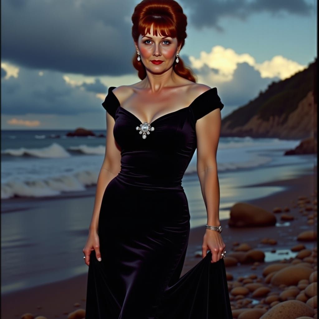 Film Noir Woman on Rocky Beach in Velvet Gown