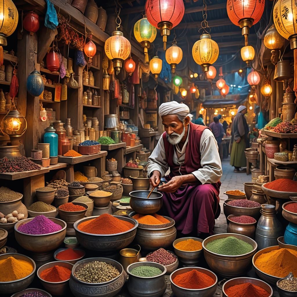Enchanted Spice Market at Night with Genie