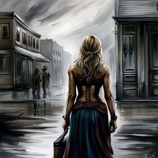 Woman Leaving Rural Town, Graffiti Art Style