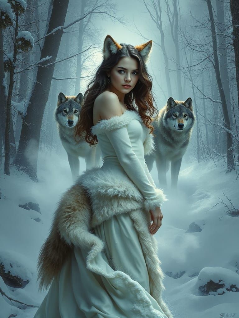 Wolf Woman Emerges from Winter Forest with Spectral Pack