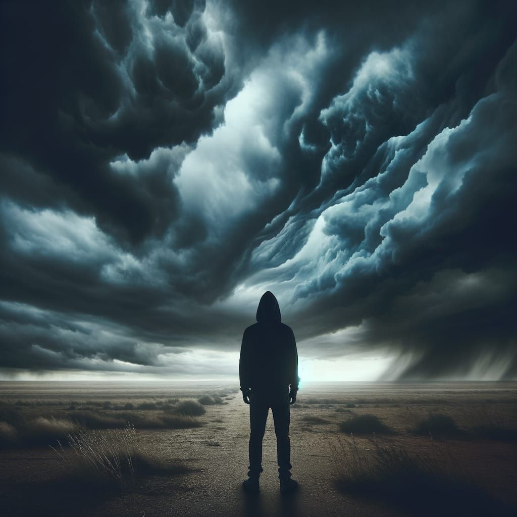 Dark Figure Stands Alone Under Gathering Storm